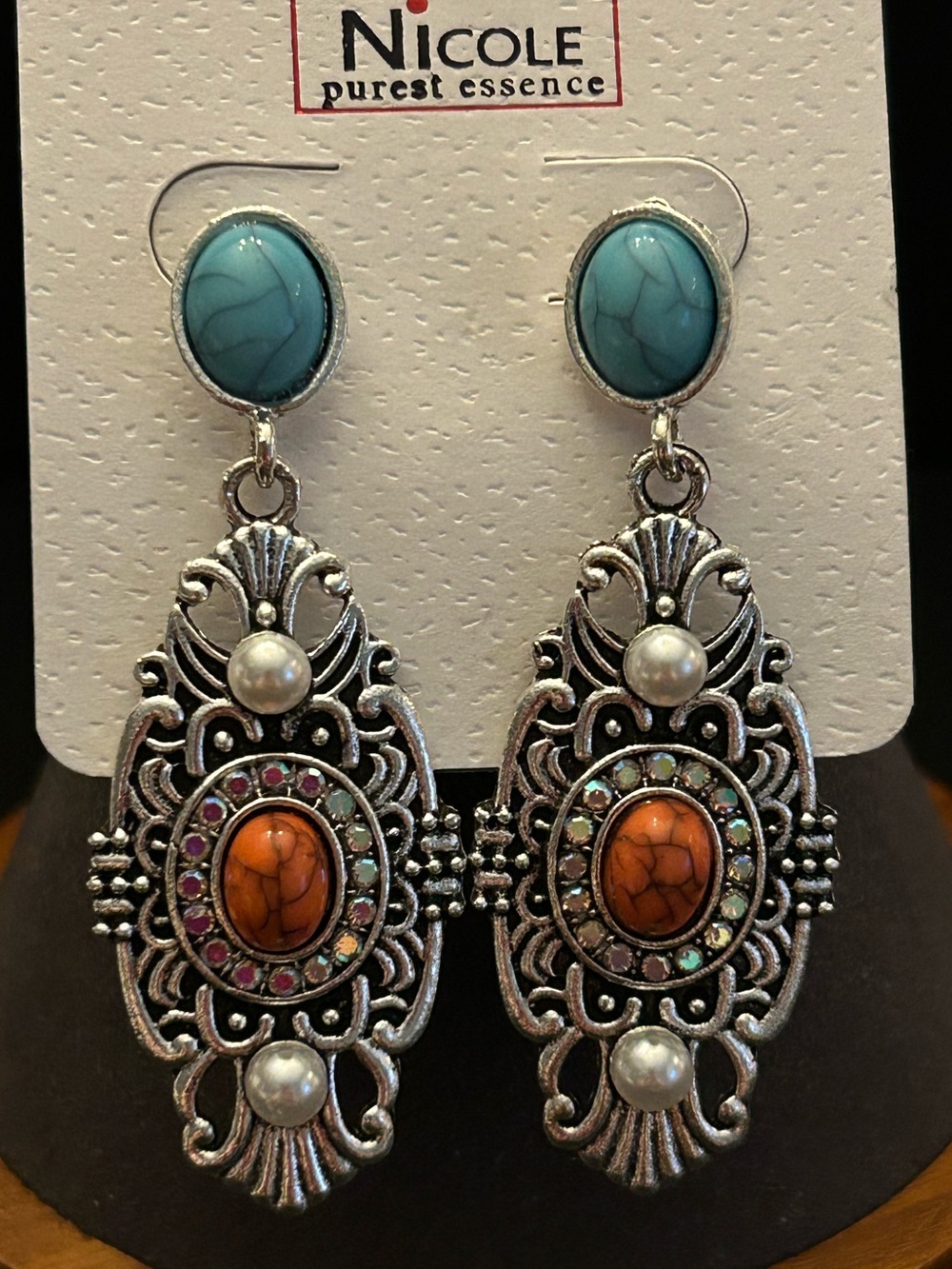Nicole Turquoise & Orange Faux Stone Filigree Drop Earrings with Pearl Accents